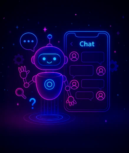 AI chatbot services with a robot and chat screen.