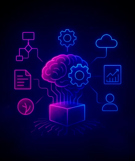 AI automation for business workflows with data and flowchart icons.
