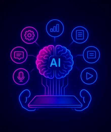 Hands holding a tablet for generative AI solutions.