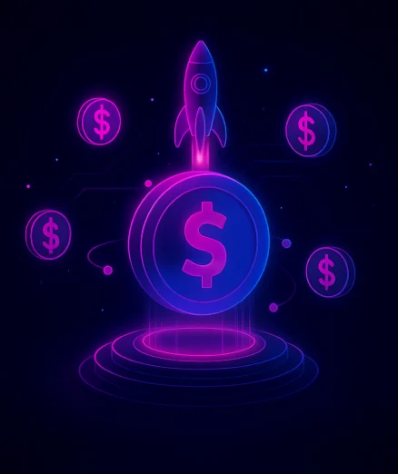 Rocket launching from a coin for token creation.