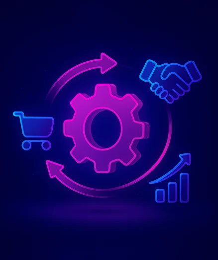 sales process automation, with a central gear, a shopping cart, a handshake, and a bar graph.