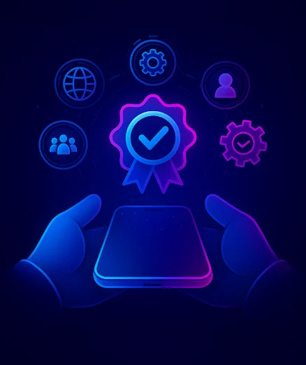 legacy system modernization, with hands holding a smartphone, a central award badge, and surrounding icons for a globe, gears, and users.