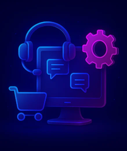 customer support module development, showing a computer with a headset, chat bubbles, a gear, and a shopping cart.