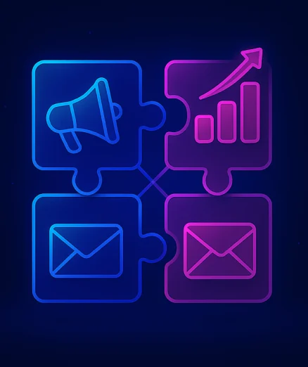 marketing platform integration with four puzzle pieces, featuring a megaphone, bar graph, and two email icons.