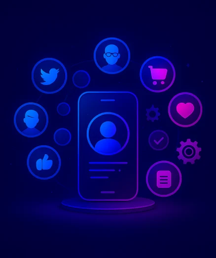 omni-channel engagement platform, showing a phone surrounded by social media, a shopping cart, and other icons.