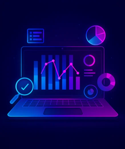 custom reporting and analytics on a laptop screen with charts, graphs, and a magnifying glass.