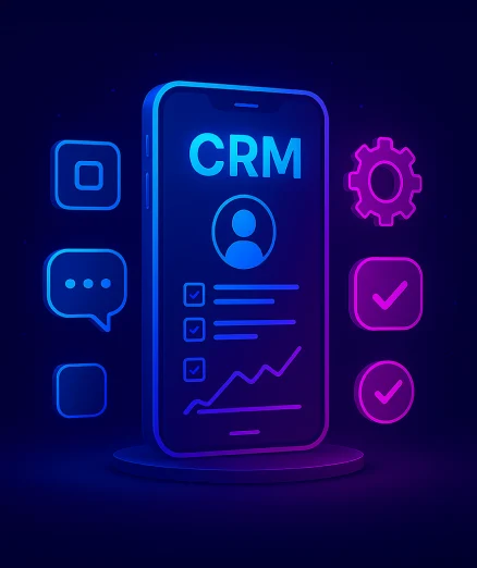 mobile CRM app development on a smartphone with a user profile, checklist, charts, and icons.