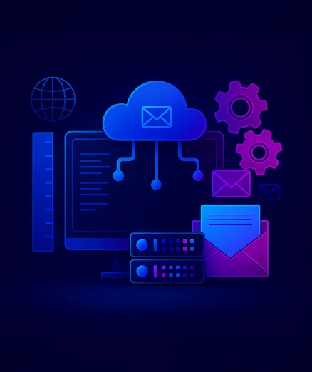third-party system integration, showing a computer, server racks, a cloud with an email, gears, and envelopes.