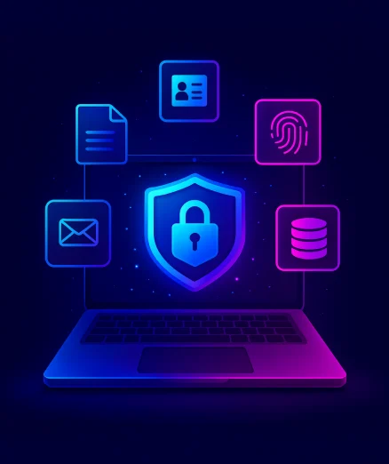 data security and compliance integration on a laptop, with a central shield and icons for files, email, user identity.