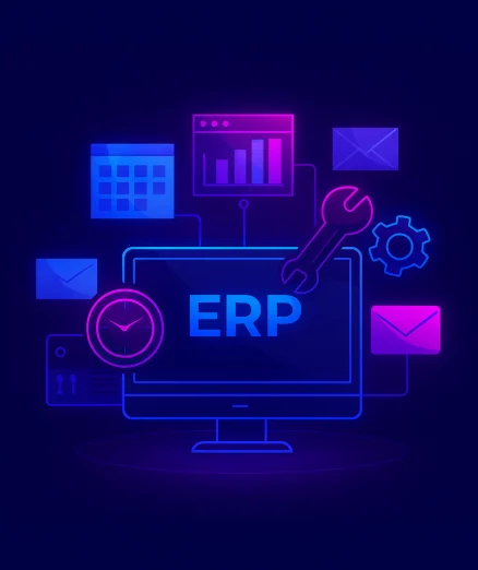 ERP maintenance and support, with a computer screen and icons for a wrench, calendar, clock, bar graph, emails, and a gear.
