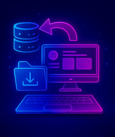 ERP migration and upgrade with a laptop, a desktop screen, a database, and a folder with a download icon.