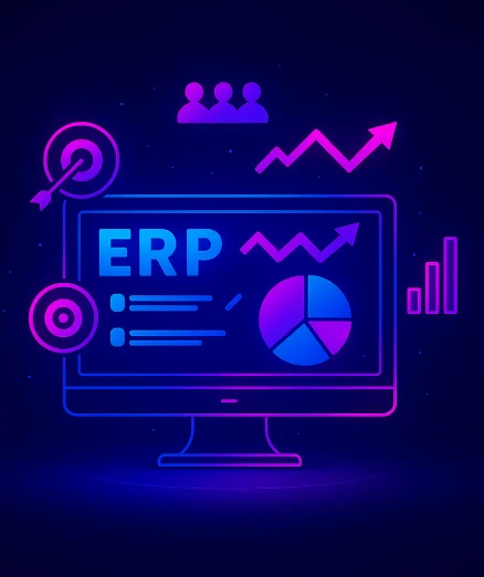 ERP analytics and reporting with a desktop screen displaying charts, graphs, and icons for a target and a group of people.