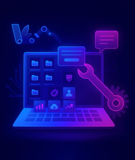 ERP workflow automation on a laptop screen with folders, a wrench, a robotic arm, a chat bubble, and various icons.