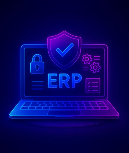 ERP security and compliance on a laptop with a shield, a padlock, a checklist, and a gear.