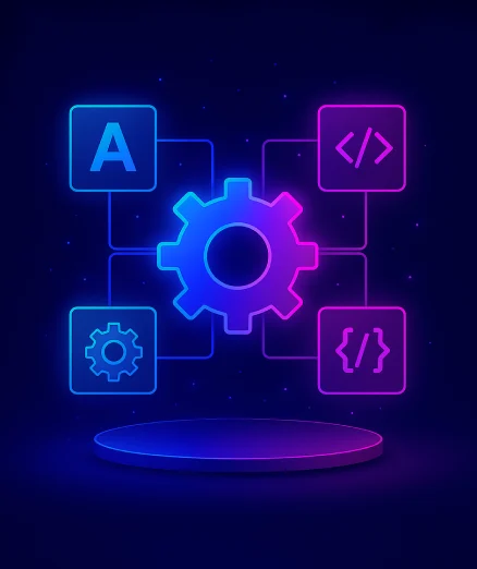 module-specific development, showing a central gear with connecting nodes containing icons