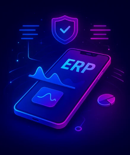 mobile ERP solutions on a smartphone with a shield, graphs, and a pie chart.
