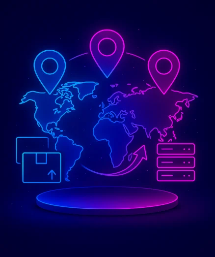 supply chain management, with a world map, location pins, boxes, servers, and circular arrows.