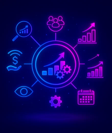 financial management solutions with a central bar graph and gears, surrounded by icons