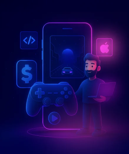 Hire Mobile Game App Developers a man with a laptop and a game controller.