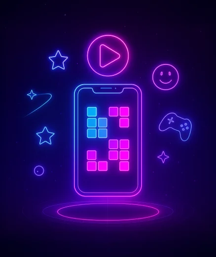 Casual & Hyper Casual Game Development with stars, a play button, and a smiley face.