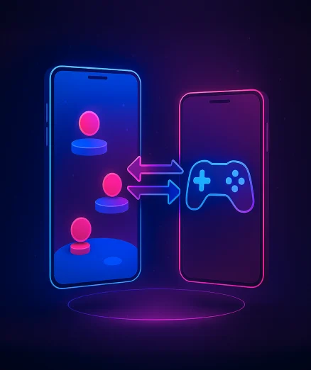 Game Porting & Optimization Services with two phones exchanging data.