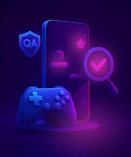 Mobile Game Testing & QA with a magnifying glass and a shield.