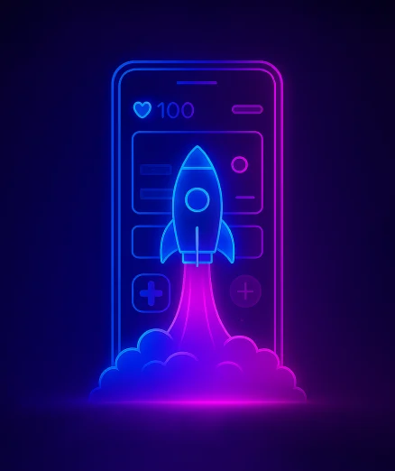 Mobile Game MVP Development where a rocket launches from a phone screen.