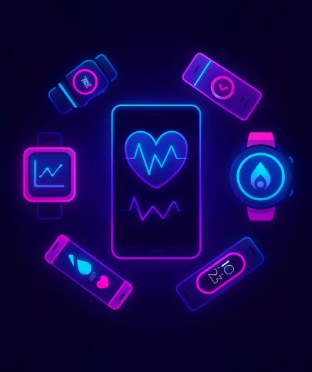 Central smartphone with a heartbeat symbol showing Wearable & Smart Device Integration