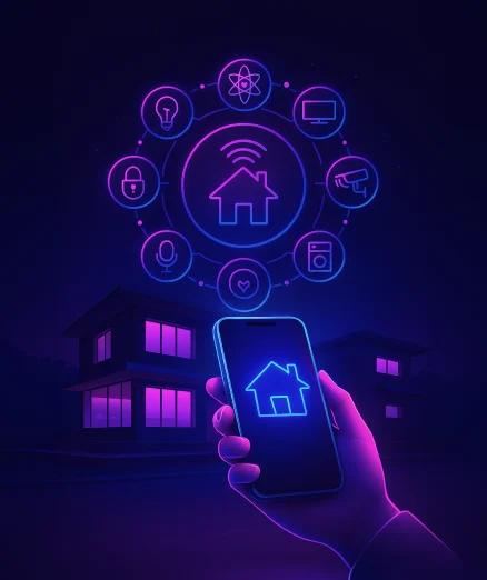 Smart Home & Lifestyle App Development, featuring a hand holding a smartphone with a central house icon