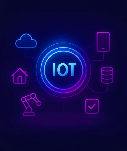Custom IoT firmware and edge development, showing a central 'IOT' hub connected to various components