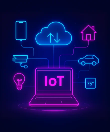 Cloud integrations and IoT backend setup, showing a central laptop connected to a cloud platform