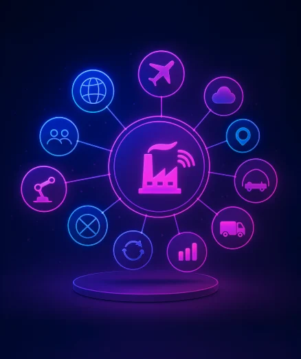 Industrial IoT Solutions, showing a central smart factory hub connected to a wide network