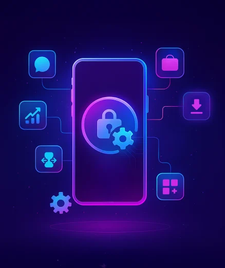 Custom mobile app development, showing a smartphone with a central security and settings icon