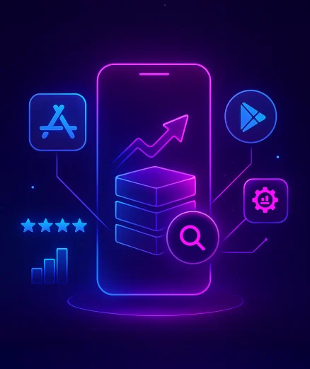 App Store and Play Store optimization, showing a smartphone with an upward-trending graph and a magnifying glass, surrounded by icons