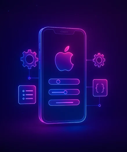 iOS App Development, showing an iPhone with the Apple logo on its screen