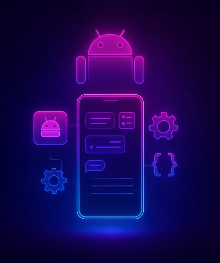 Android App Development, showing a smartphone with a messaging interface, surrounded by Android robot icons