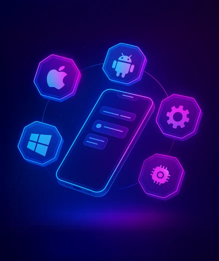 Cross-Platform App Development, showing a central smartphone with a user interface orbited by hexagonal icons