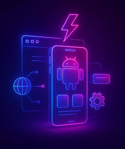 Progressive Web App Development, showcasing a fast mobile experience with an Android icon and a lightning bolt