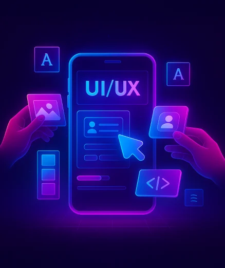 UI/UX Design Services, showing a central smartphone with 'UI/UX' on its screen,