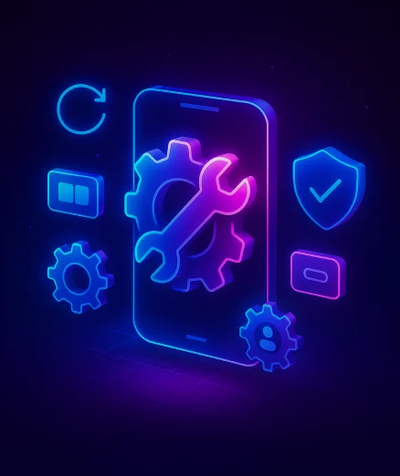 App Maintenance and Support, showing a smartphone with a central gear and wrench icon