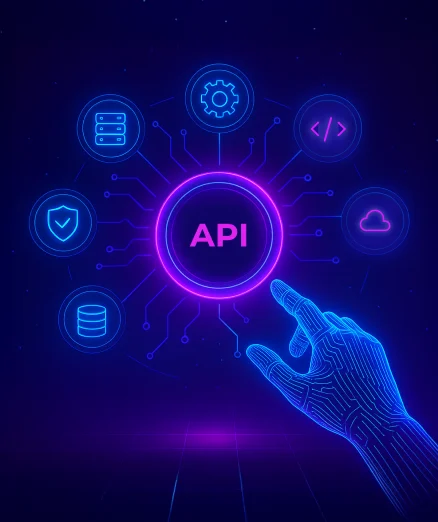 Backend and API Development, showing a hand interacting with a central 