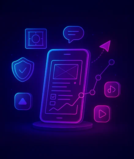 Neon illustration of UI/UX App Maintenance and Support with phone, charts, and icons.
