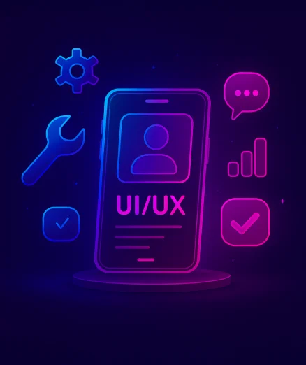 neon graphic showing smartphone app UI/UX maintenance with a user profile, tools, and icons.