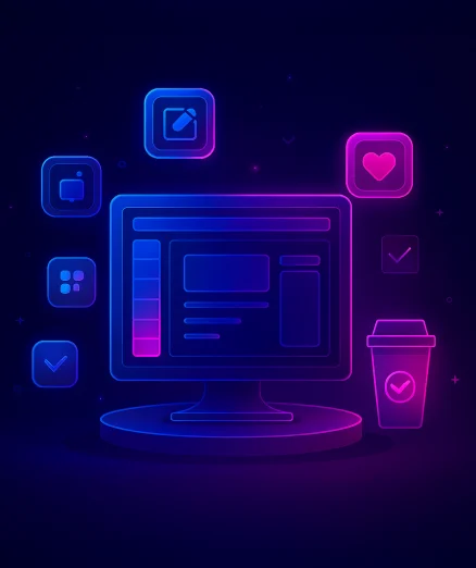 Neon illustration of Website Redesign Services, showing a monitor with UI and various icons.