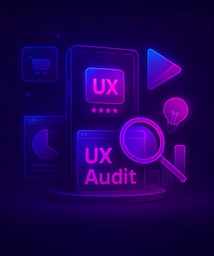 UX audit and expert review showing Neon illustration with phone, magnifying glass, and charts.