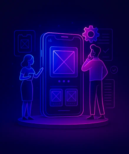 Mobile App UX/UI Revamp, showing two people analyzing a large smartphone.