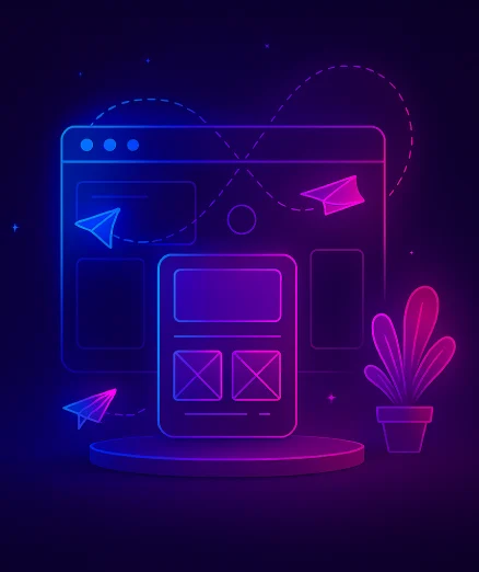 Landing Page Design Services showing Neon art of a web browser and mobile UI with paper planes.