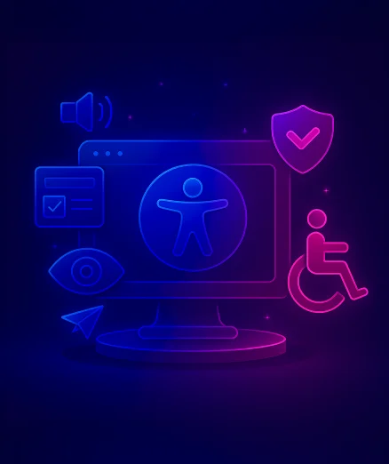 Neon art for Accessibility Design and Compliance Services with monitor and icons.