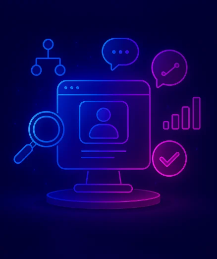 User Research and Persona Development with Neon illustration of a monitor with a user profile and research icons.