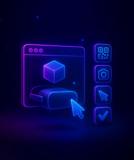 Web AR development with a VR headset and icons.